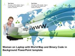 Woman on laptop with world map and binary code in background powerpoint template