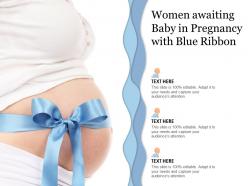 Women awaiting baby in pregnancy with blue ribbon