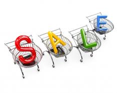 Word sale in shopping carts on white background stock photo