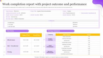 Work Completion Report With Project Outcome And Performance