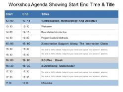 Workshop agenda showing start end time and title