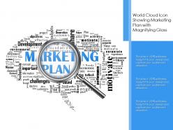World cloud icon showing marketing plan with magnifying glass