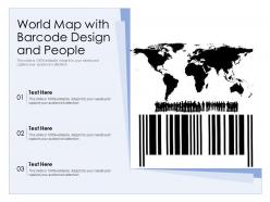 World map with barcode design and people