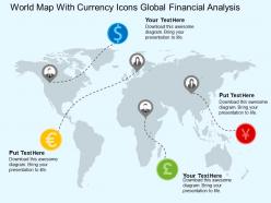 World map with currency icons global financial analysis flat powerpoint design