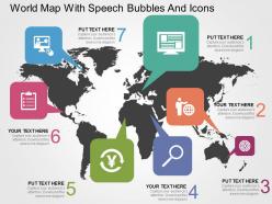 World map with speech bubbles and icons ppt presentation slides