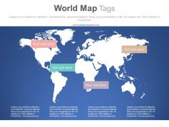 World map with tags for global business strategy powerpoint slides