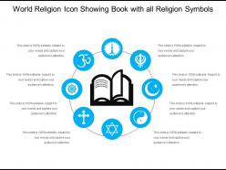 World religion icon showing book with all religion symbols