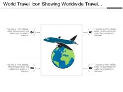 World travel icon showing worldwide travel with airplane symbol