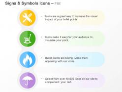 Wrench screwdriver chair flame umbrella ppt icons graphics