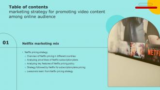 Y148 Marketing Strategy For Promoting Video Content Among Online Audience Table Of Contents Strategy SS V