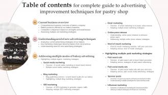 Y152 Table Of Contents For Complete Guide To Advertising Improvement Techniques For Pastry Shop Strategy SS V