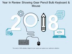 Year in review showing gear pencil bulb keyboard and mouse