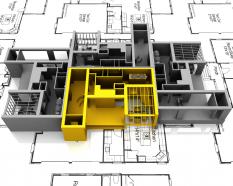 Yellow apartment mockup on plans for architecture stock photo
