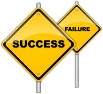 Yellow signposts with success and failure concept stock photo