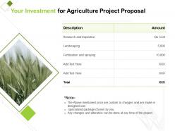 Your Investment For Agriculture Project Proposal Ppt Powerpoint Design Ideas