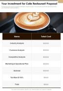 Your Investment For Cafe Restaurant Proposal One Pager Sample Example Document