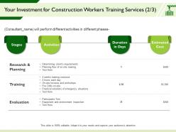 Your Investment For Construction Workers Training Services Planning Flow Ppt Presentation Summary