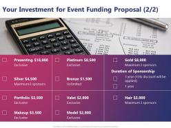 Your investment for event funding proposal ppt powerpoint presentation ideas files