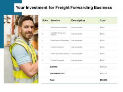 Your investment for freight forwarding business ppt powerpoint summary