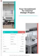 Your Investment For Interior Design Project One Pager Sample Example Document