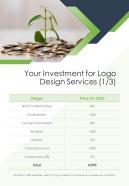 Your Investment For Logo Design Services One Pager Sample Example Document