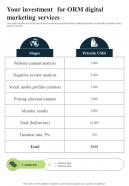 Your Investment For ORM Digital Marketing One Pager Sample Example Document