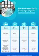 Your Investment For PR Campaign Proposal One Pager Sample Example Document