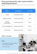 Your Investment For Sales Representative Marketing Proposal One Pager Sample Example Document