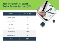 Your investment for search engine ranking services tracking tools ppt powerpoint presentation icon
