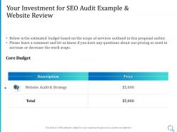 Your investment for seo audit example and website review ppt powerpoint ideas