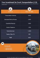 Your Investment For Truck Transportation One Pager Sample Example Document