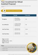 Your Investment For Virtual Assistant Proposal One Pager Sample Example Document