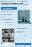 Your Requirement And Our Solution Or Plumbing Maintenance Proposal One Pager Sample Example Document