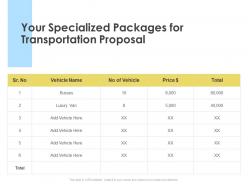 Your specialized packages for transportation proposal ppt powerpoint presentation slides