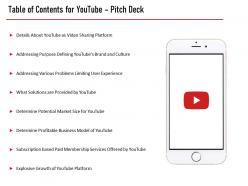 Youtube investor funding elevator pitch deck table of contents for youtube pitch deck business ppt visual aids