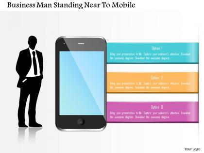 0115 business man standing near to mobile powerpoint template