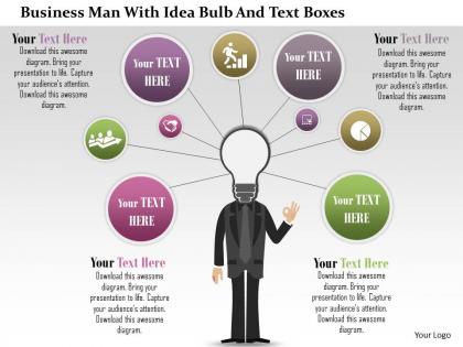 0115 business man with idea bulb and text boxes powerpoint template