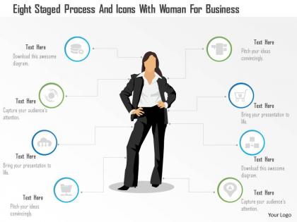 0115 eight staged process and icons with woman for business powerpoint template