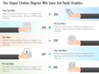0115 five staged timeline diagram with icons and hands graphics powerpoint template