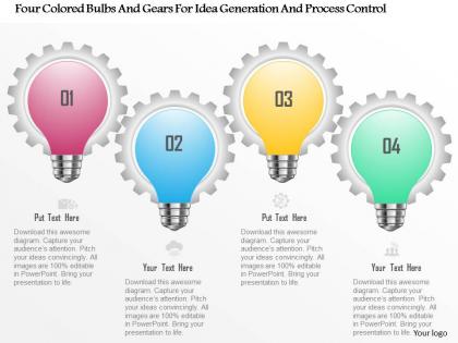 0115 four colored bulbs and gears for idea generation and process control powerpoint template