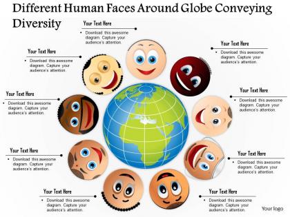 0814 business consulting diagram different human faces around globe conveying diversity powerpoint slide template