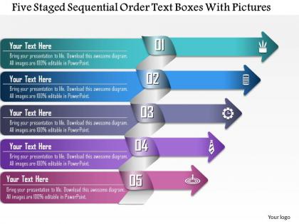0814 business consulting five staged squential order text boxes with pictures powerpoint slide template
