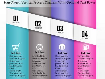 0814 business consulting four staged verticel process diagram with optional text boxes ppt slide template