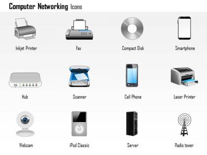 0814 computer networking icons printer fax smartphone hub scanner webcam server ppt slides