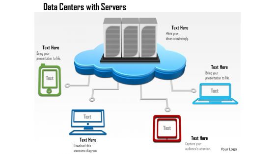 0814 data center with servers as a cloud connected to devices mobile tables desktop ppt slides