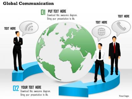 0814 global communication with globe in the middle and customers with mobile devices ppt slides