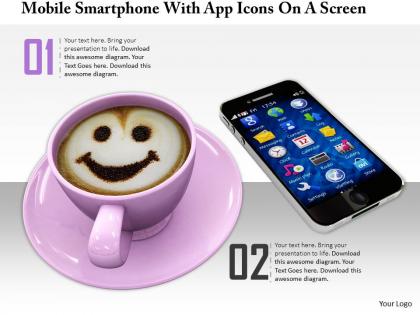 0814 mobile smartphone with icon on screen and coffee cup on white background graphics for powerpoint