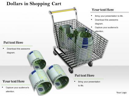 0814 shopping cart with three bundles of dollars image graphics for powerpoint