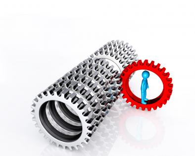 0914 3d man on red gear among silver gears leadership strategies stock photo