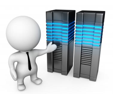 0914 3d man standing with computer server stock photo